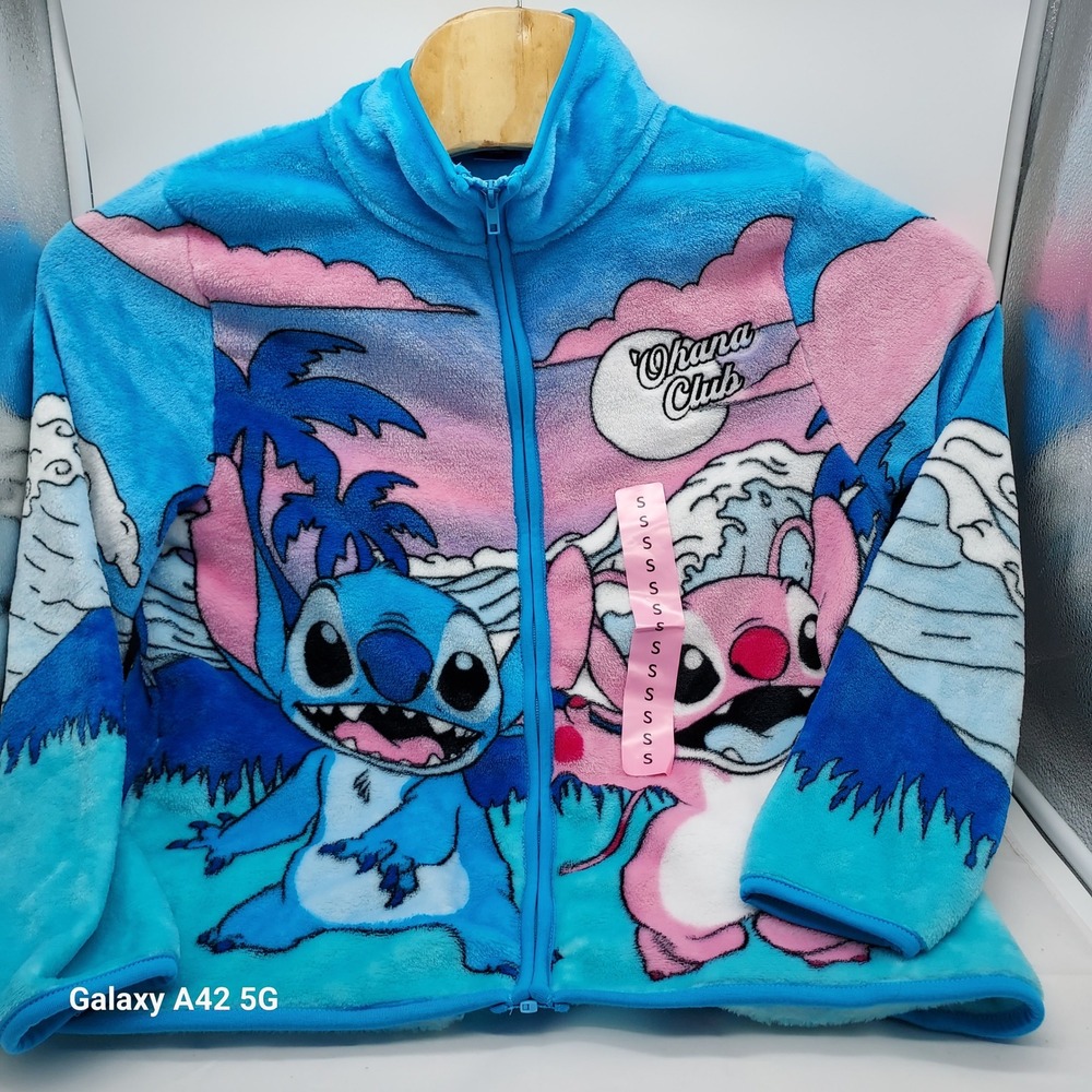 Disney Lilo & Stitch Ohana Club Sherpa Fleece Jacket Blue Pink Small NEW